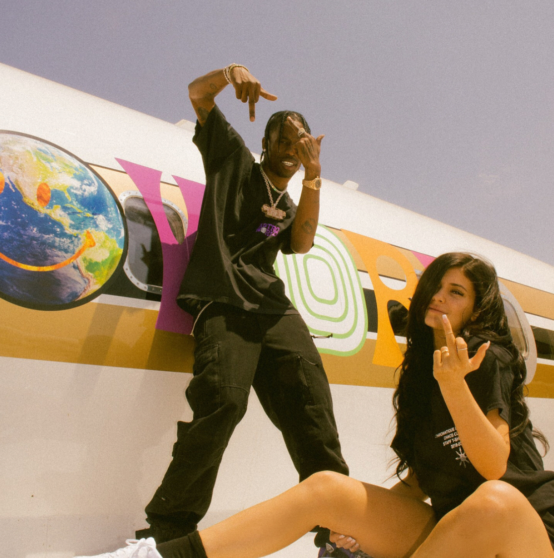 Travis Scott wearing Cargo pants with Kylie Jenner